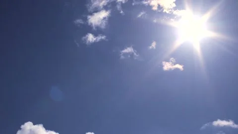 Blue sky with small clouds, sun, sunbeams - sky background - Real Time Stock Footage 154299931