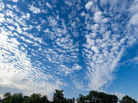 A blue sky with some clouds and trees in the foreground Stock Photos