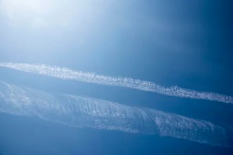 Blue sky with straight cloud stream and smoke background, Nature and fog conc Photos