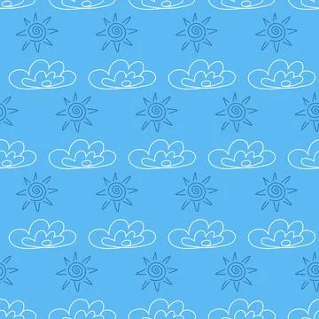 Blue sky sun cloud seamless pattern, weather cute textile design and decorati 스톡 일러스트