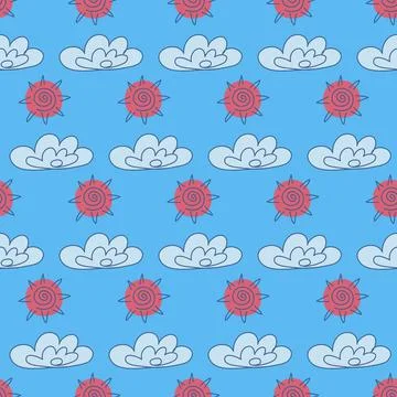 Blue sky sun cloud seamless pattern, weather cute textile design and decorati 库存插图