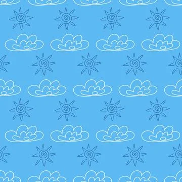 Blue sky sun cloud seamless pattern, weather cute textile design and decorati Stock Illustration