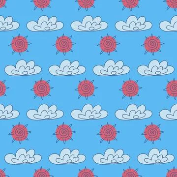 Blue sky sun cloud seamless pattern, weather cute textile design イラスト素材