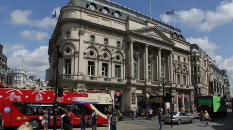 Blue Sky Sunny Day Famous Piccadilly Circus London Double Decker Bus Car Traffic Stock Footage