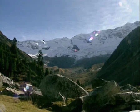 Blue sky tilt down mountain range and glacier at end of valley Krimml Achental Stock Footage 31748402