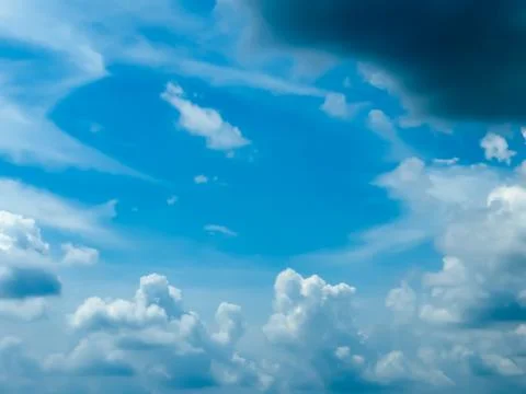 Blue sky with tiny floating clouds closeup. The moody Blues natural sky compo Fotos de archivo