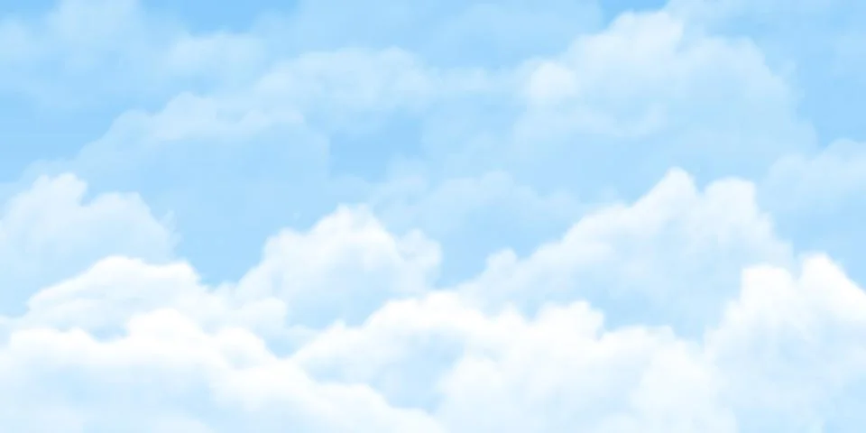 Blue sky vector background, cloudy weather, realistic cloudscape with fluffy Stock Illustration