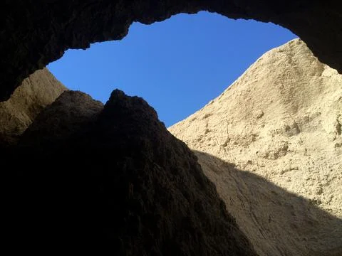 Blue Sky View Inside Tapiado Mud Caves, Anza Borrego State Park Stock Photos