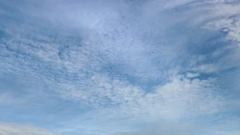 Blue Sky with White Altocumulus Clouds and Distant Flying Airplane Background Stock Footage 346732860