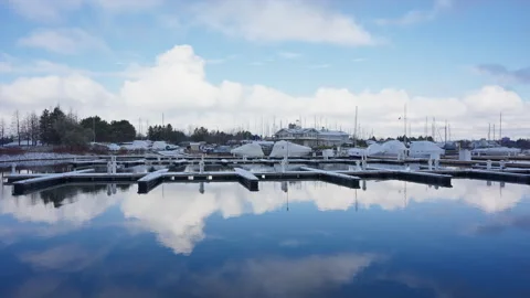 Blue sky, white clouds, and a quiet harbor Video stock 329200108