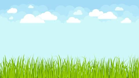 Blue sky with white clouds and green grass. Spring summer landscape, empty Ilustração Stock