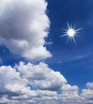 Blue sky with white clouds and sun Stock Photos