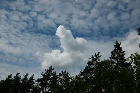 Blue sky with white clouds and one unusually shaped cloud above a dark silh.. 写真素材