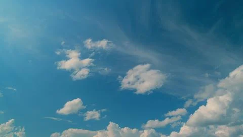 Blue Sky White Clouds. B-Roll Cloudscape Cloudy. Layer Of Clouds Moving In Blue 写真素材