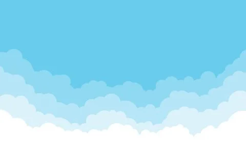 Blue sky with white clouds background. Cartoon flat style design. Vector illu Illustrazione stock