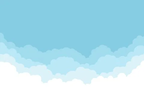 Blue sky with white clouds background. Cartoon flat style design. Vector illu Illustrazione stock