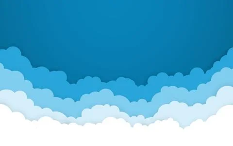 Blue sky with white clouds background. Cartoon flat style design. Vector illu Illustrazione stock