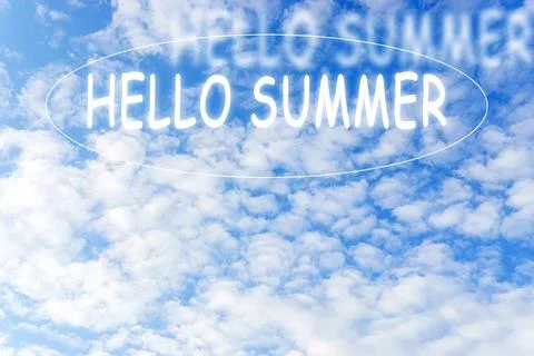 Blue sky with white clouds background with Hello Summer text Stock-Fotos
