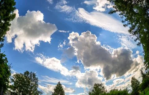 Blue sky with white clouds as background. Fisheye view Stock Photos