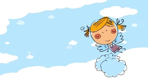 Blue sky with white clouds moving along with the drawing of a young female angel Stock Footage 131682894