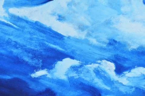 A blue sky with white clouds is painted with watercolor paint on canvas Stock Illustration