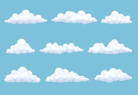 Blue sky with white clouds. Set of fluffy clouds cartoon vector illustration Stock Illustration