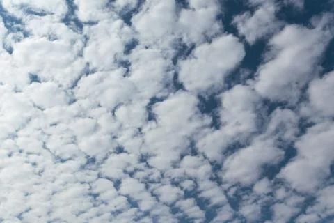 In the blue sky white Cumulus clouds arranged in a grid or pattern. Stock Photos