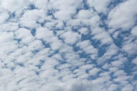 In the blue sky white Cumulus clouds arranged in a grid or pattern. Stock Photos