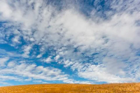Blue sky with white fluffy clouds stretches over a field Stock Photos