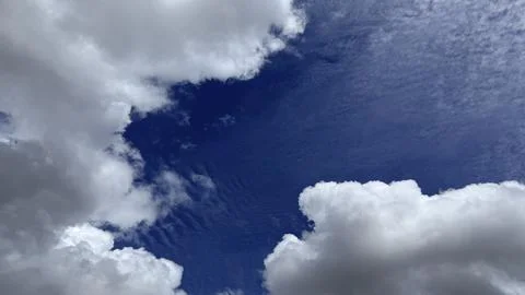 Blue Sky White Fluffy Clouds Low Angle View Sky Background Copy Space Stock Photos