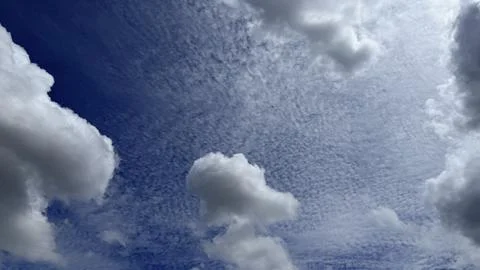Blue Sky White Fluffy Clouds Low Angle View Sky Background Copy Space Stock Photos