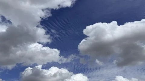 Blue Sky White Fluffy Clouds Low Angle View Sky Background Copy Space Stock Photos