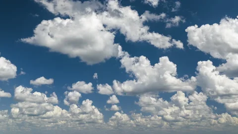 Blue sky with white summer rain clouds. Colorful summer landscape Stockbeeldmateriaal 299780313