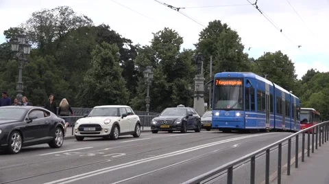 Blue SL tram serving the Stockholm's only central tram route Stock Footage 67384996