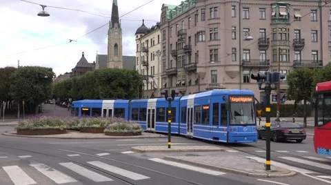 Blue SL tram serving the Stockholm's only central tram route Stock Footage 67385014