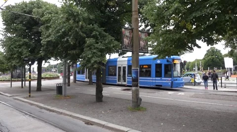 Blue SL tram serving the Stockholm's only central tram route Stock Footage 67385033