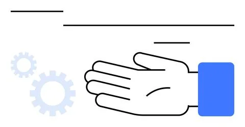 Blue-sleeved hand outstretched, with two light blue gears and several horizon Stock Illustration