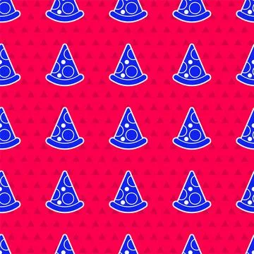 Blue Slice of pizza icon isolated seamless pattern on red background. Fast food Stock Illustration
