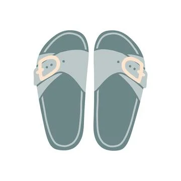 Blue slide sandals with buckle strap detail vector illustration. Flat summer Stock Illustration
