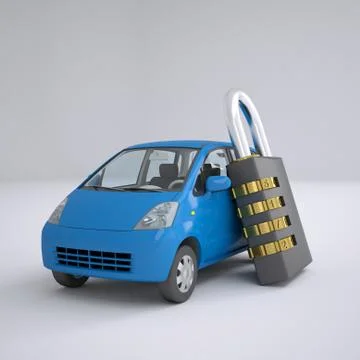 Blue small car and combination lock Illustrazione stock