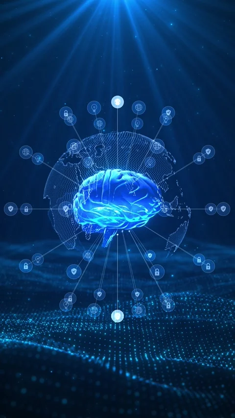 Blue smart brain interface global map, connected waves, futuristic analytics Stock Footage 334101553