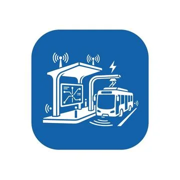Blue smart bus stop station icon showing wireless connectivity charging sys.. Stockillustratie