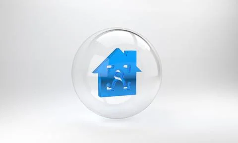 Blue Smart home with face recognition icon isolated on grey background. Face  Illustrazione stock