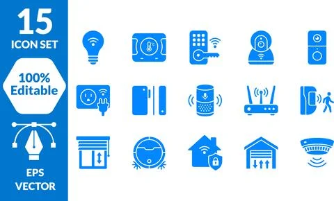 Blue smart home technology icon bundle for home automation and security sys.. Stock Illustration