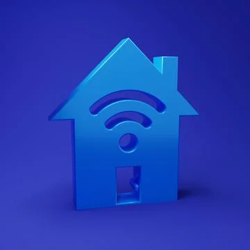 Blue Smart home with wi-fi icon isolated on blue background. Remote control.. 스톡 일러스트