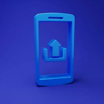 Blue Smartphone with upload icon isolated on blue background. Minimalism co.. Stock Illustration
