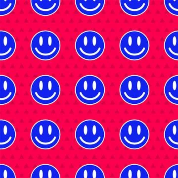 Blue Smile face icon isolated seamless pattern on red background. Smiling Stock Illustration