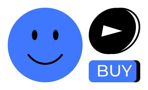 Blue Smile Face, Play Button, and Buy Button for Positive User Experience Stock Illustration