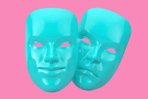 Blue Smiling Comedy and Sad Drama Grotesque Theatre Mask in Duotone Style. 3d イラスト素材