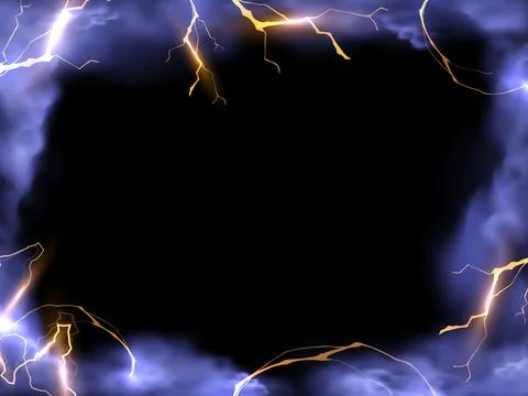 Blue smoke effect and orange lightning strikes frame background, storm cloud Stock Illustration